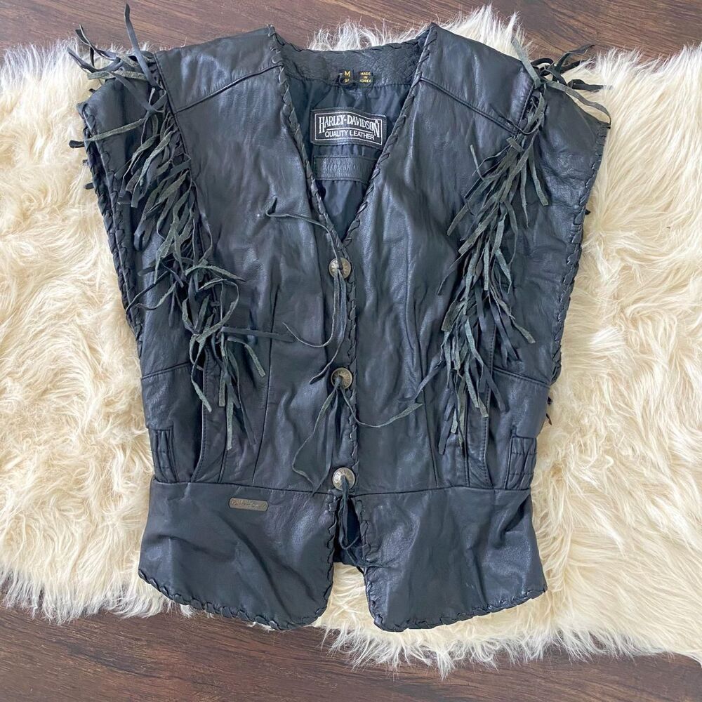 Vintage Harley Davidson 80s Black Quality Leather Fringe Biker Vest Size M - Picture 6 of 7